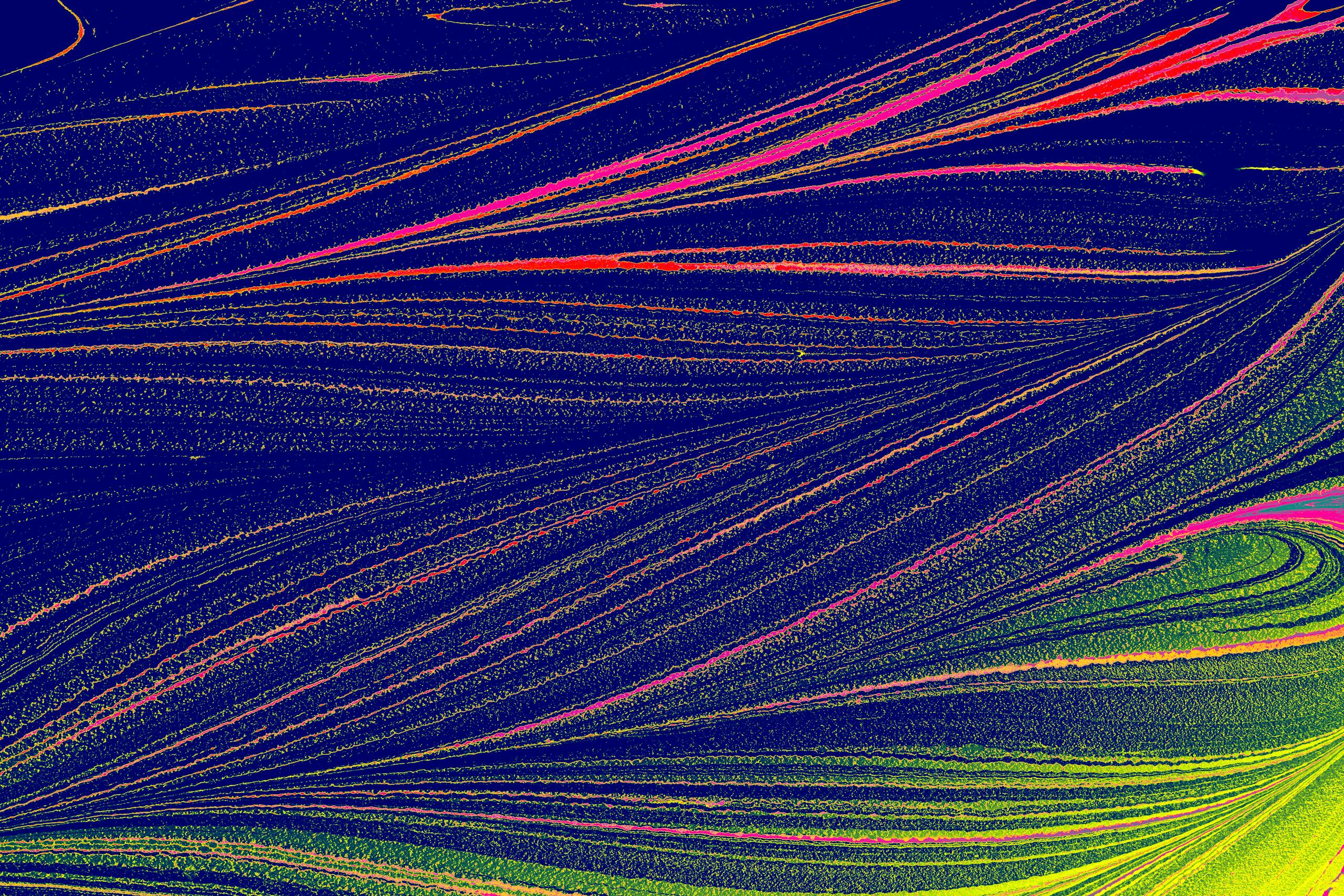 Colorful abstract pattern with vibrant lines on a textured blue background.