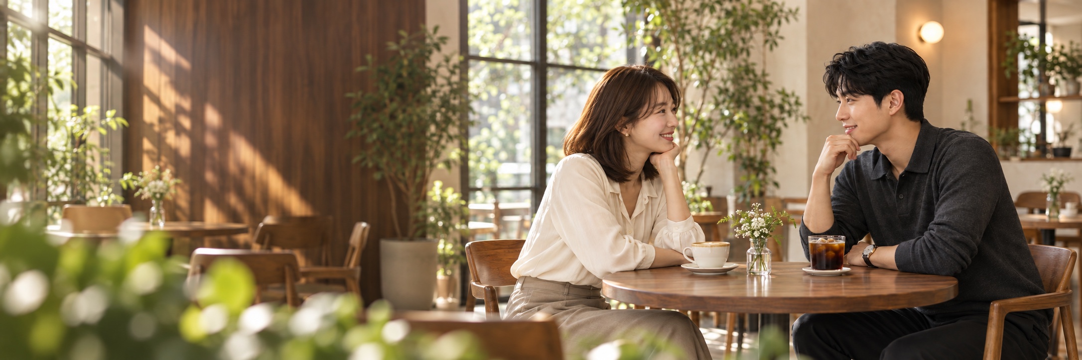 카페에서 마주 보며 대화하는 남녀의 소개팅 장면